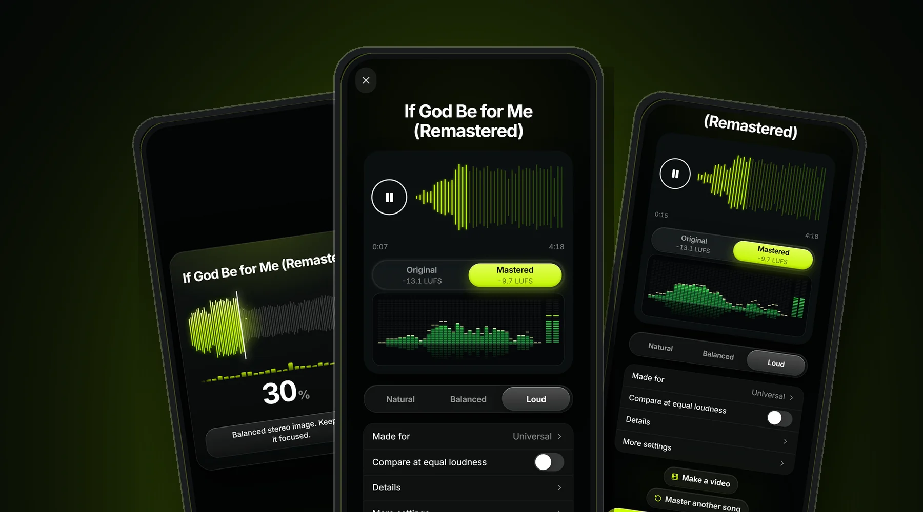 MixMasterAI mastering app on Android: mastering progress, original vs mastered player and studio meters